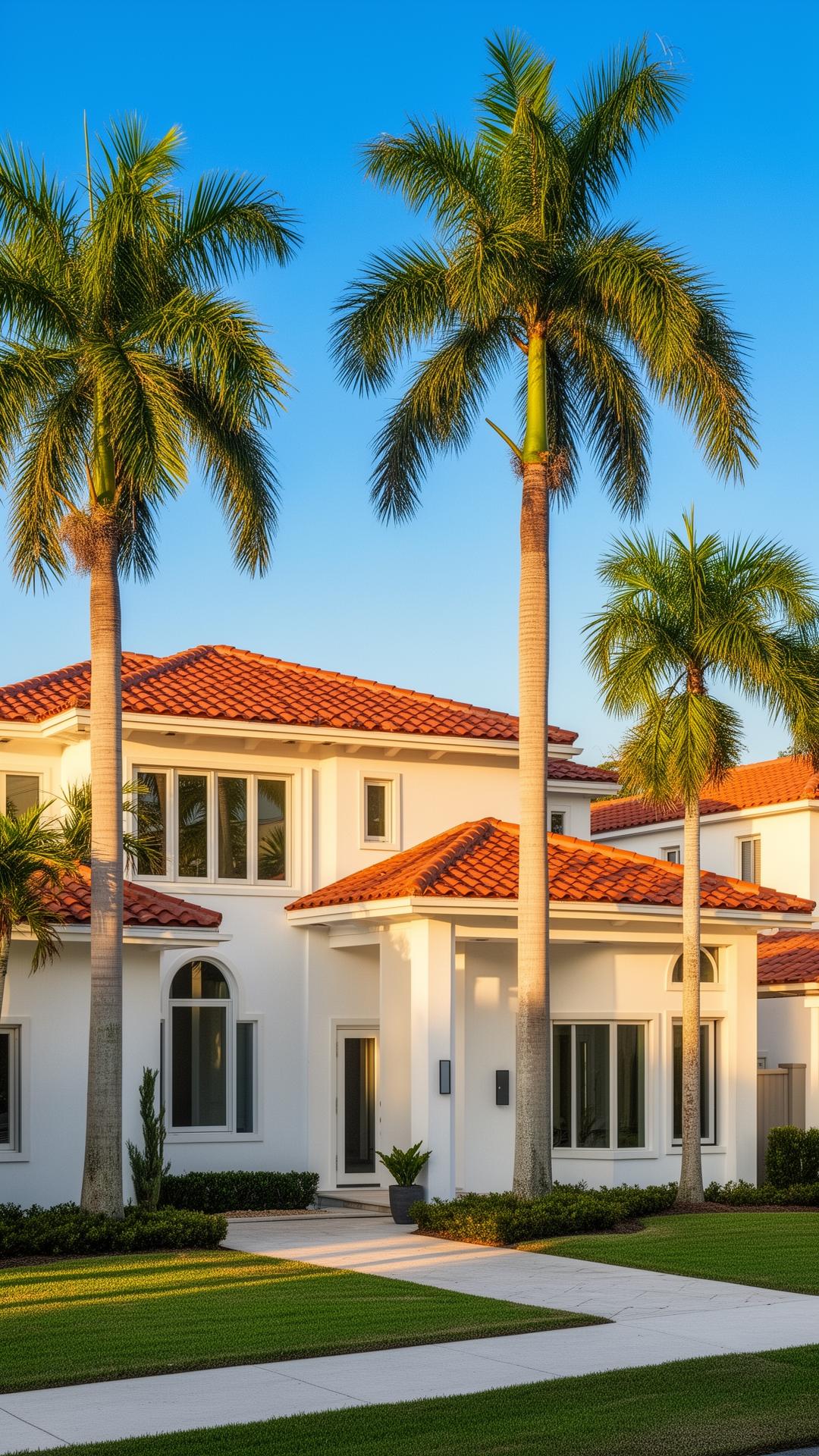 Freshly soft-washed South Florida home with red barrel tile roof and palm trees